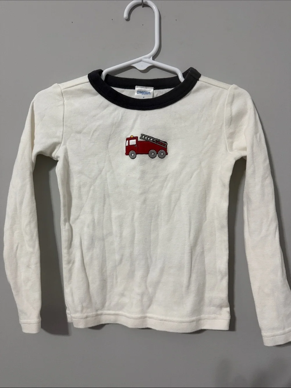 Gymboree White Long-Sleeve Top with Red Fire Truck and Black Trim